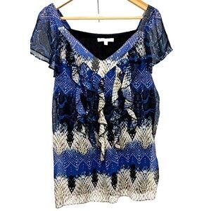 NY Collection XL Blue Geometric Ruffle Blouse V-Neck Flutter Sleeves Career Top